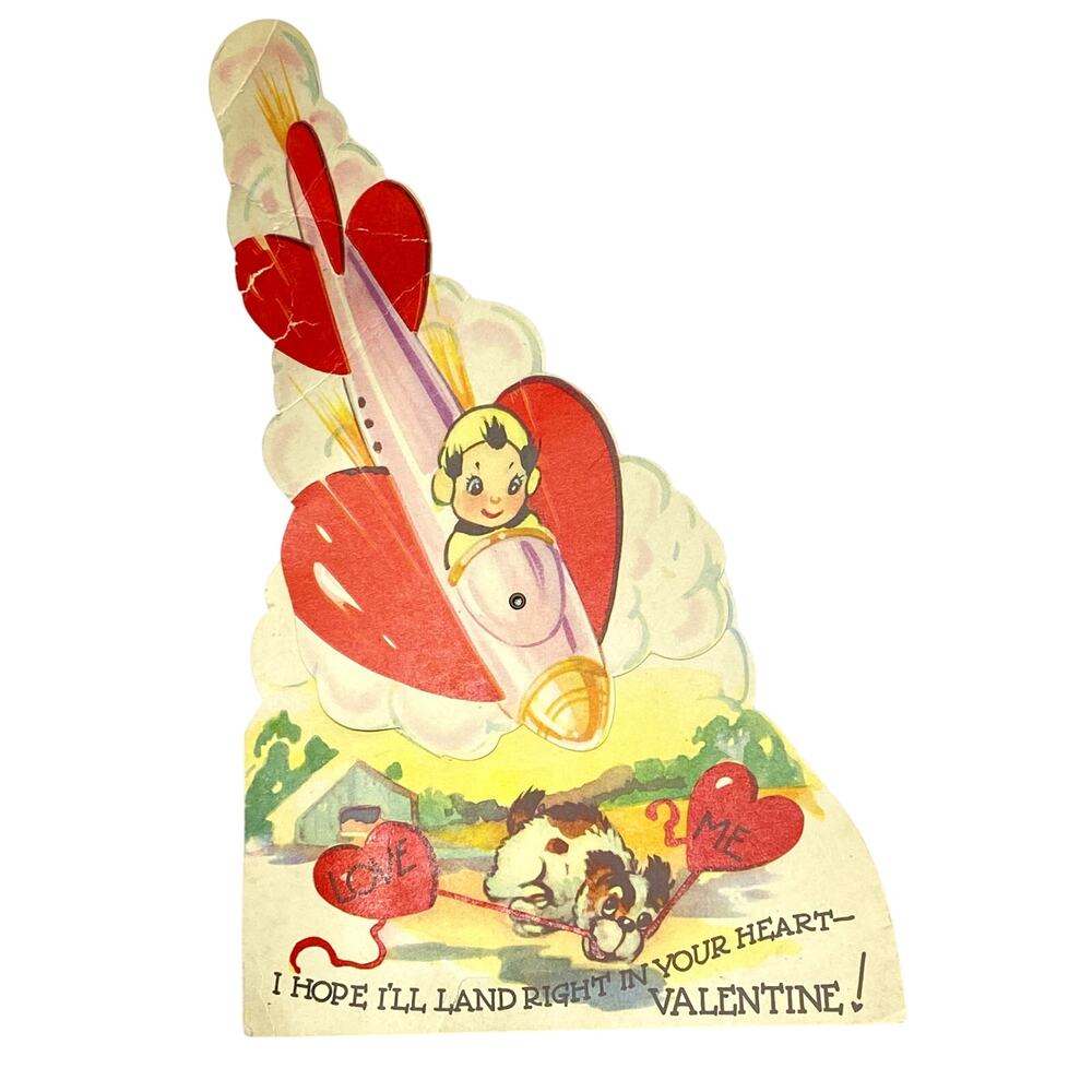 Vintage 50s Mechanical Valentines Day Card Rocket Ship Space Die Cut Ephemera